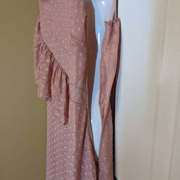 ASOS Iridescent Rose w/Gold Shimmer Pink Polkadot Asymmetrical Dress - size 16 - Picture 5 of 13